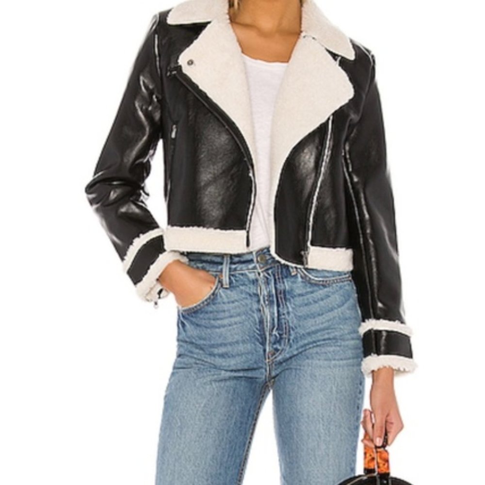 Central Park West Vegan Leather Jacket w/ Faux Shearling Sz S